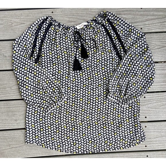 Vince Camuto Black White Yellow Shirt Size L Lace Detail And Drawstrings Tassels - Picture 6 of 16